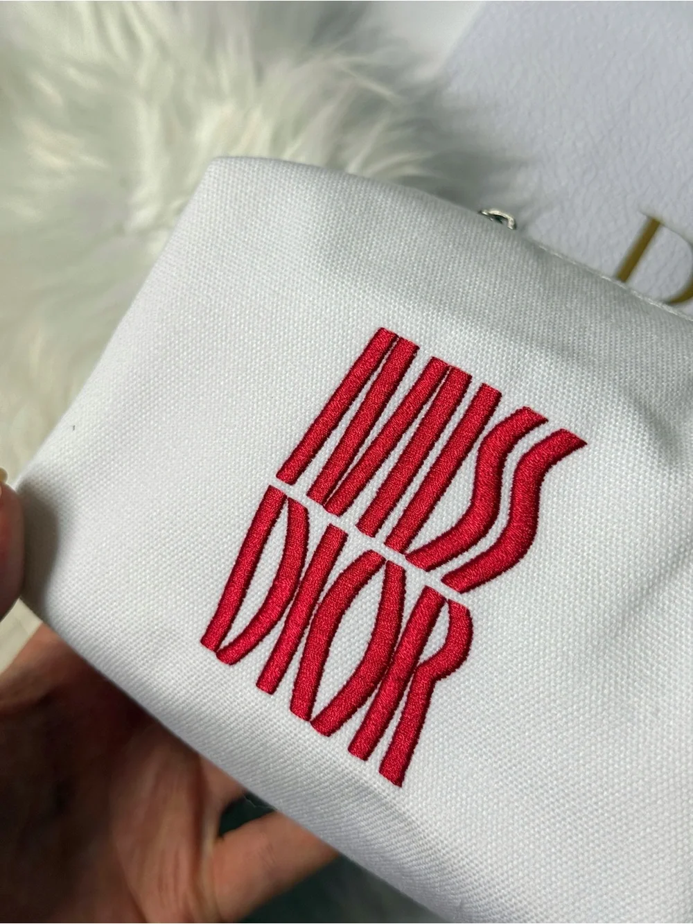 Miss Dior White Canvas Pouch with Pink 'Miss Dior' Embroidery New